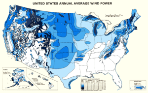 Map of available wind power over the United States.  Color codes indicate wind power density class.