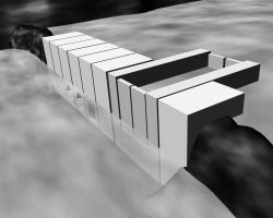 An artistic impression of a tidal barrage, including embankments, a ship lock and caissons housing a sluice and two turbines.