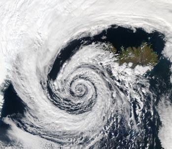 A large low pressure area swirls off the southeastern coast of Iceland.