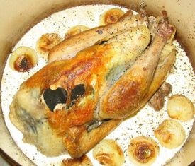 A braised guinea hen with truffles in the French manner