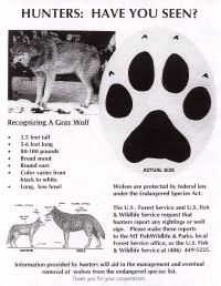 A Fish and Wildlife Service poster urging hunters to report Gray Wolf sightings.