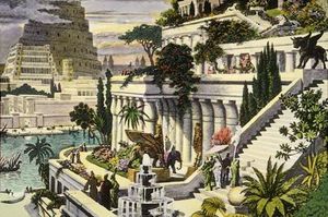 A 16th century depiction of the Hanging Gardens of Babylon (by Martin Heemskerck). You can see the Tower of babel in the background.