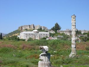 The site of the Temple of Artemis at Ephesus in Turkey: Some stacked remnants recreate columns, but nothing remains of the original temple