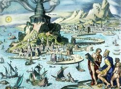 The Pharos of Alexandria as depicted in this hand-coloured engraving by Martin Heemskerck