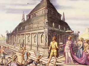 The Mausoleum of Halicarnassus, depicted in this hand-coloured engraving from a series issued in 1572 by Martin Heemskerck (1498-1574), who based his reconstruction on descriptions. The mausoleum was a huge marble tomb built ca 353 BC for King Mausolus of Caria in Asia Minor.