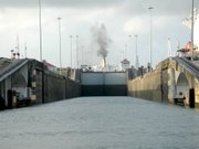 The lowest chamber of the east flight of the Gat&uacute;n locks is seen here from the deck of a small boat about to enter.