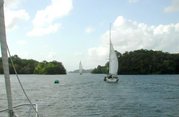 Southbound sailboats entering the Banana Cut on Lake Gat&uacute;n have their sails set to get a boost from the trade winds.