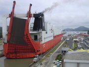 Car carriers, such as this one at  Miraflores locks, are among the largest ships to use the canal.