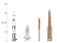 Left to Right: Saturn V, which last carried men to the moon, the Space Shuttle and the planned crew and heavy lift launch vehicles