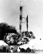Vanguard rocket explodes shortly after launch at Cape Canaveral (December 6, 1957)