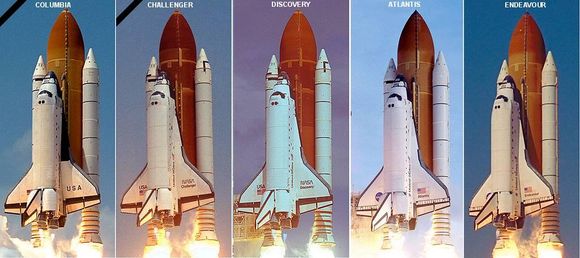 From left to right: Columbia, Challenger, Discovery, Atlantis and Endeavour. Not illustrated: Enterprise, Explorer  and Pathfinder.