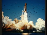 The Challenger lifts off.