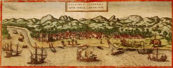 A depiction of Calicut, India published in 1572 during Portugal's control of the pepper trade.