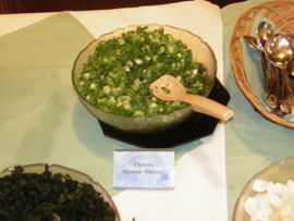 Green onions used frequently in oriental cuisine are often mentioned incorrectly as chives, as in this photo, served as a garnish for Japanese soup misoshiru.