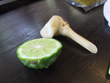 Kaffir lime (left), used in Thai cooking, with galangal root.